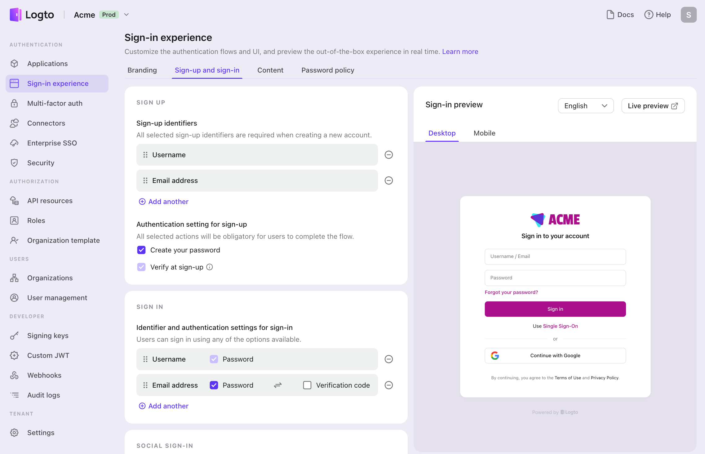 configuración de registro
